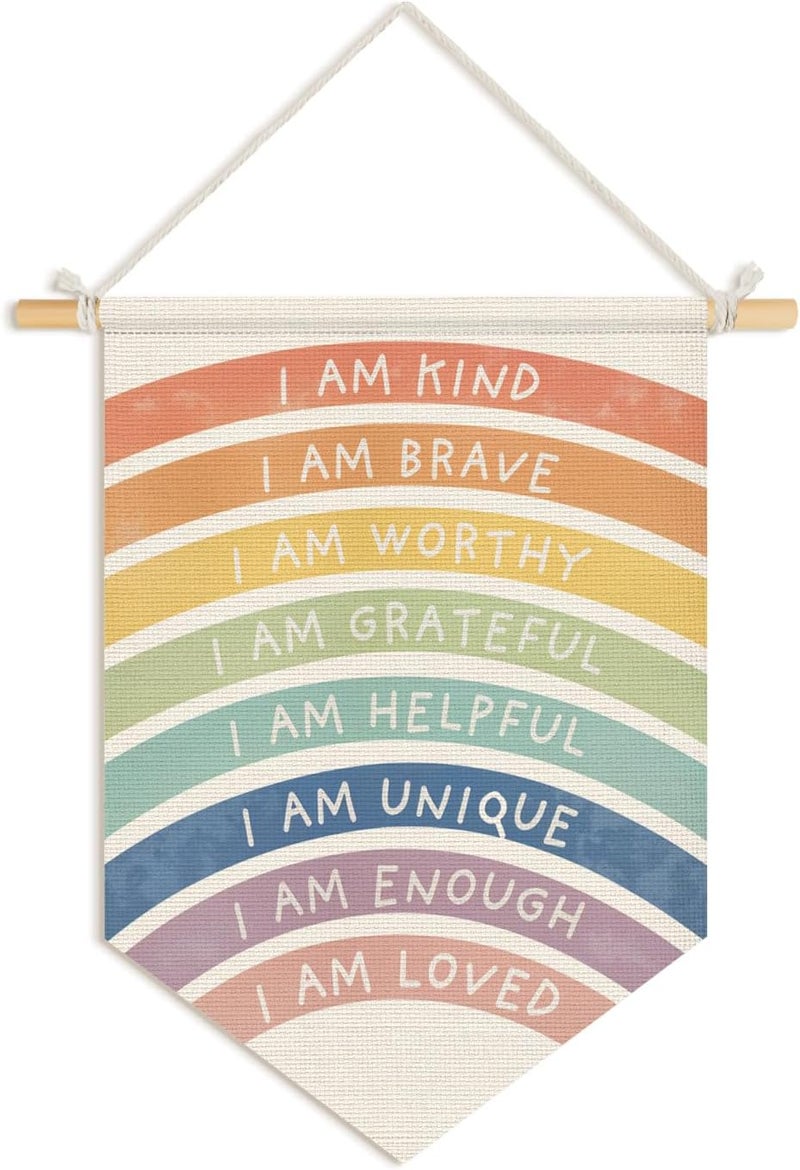 Wheatwin Boho Rainbow Classroom Decor, I Am Kind Brave Positive Affirmations Wall Hanging Pennant Flag Banner, Boho Inspirational Wall Decor for Kids Nursery Toddler Bedroom Classroom 15x11 Inch - Image 1